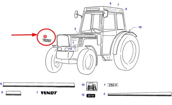 Oryginalny emblemat FENDT stosowany w maszynach rolniczych marki Fendt schemat