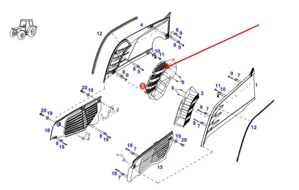 Oryginalna osłona boczna maski o numerze katalogowym 931502021821, stosowana w ciągnikach rolniczych marki Fendt. schemat