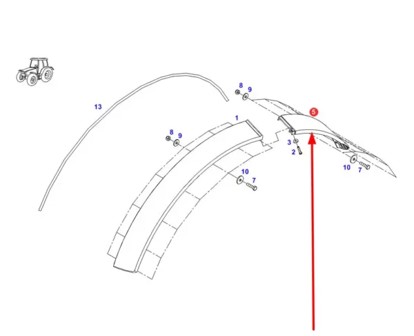 Oryginalny element poszerzenia błotnika lewego o szerokości 200 mm i numerze katalogowym 931700051031, stosowany w ciągnikach rolniczych marki Fendt schemat.