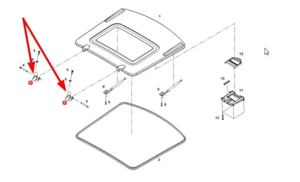 Oryginalny zawias szyberdachu o numerze katalogowym 931812020310, stosowany w ciągnikach rolniczych marek Fendt i Challenger. schemat