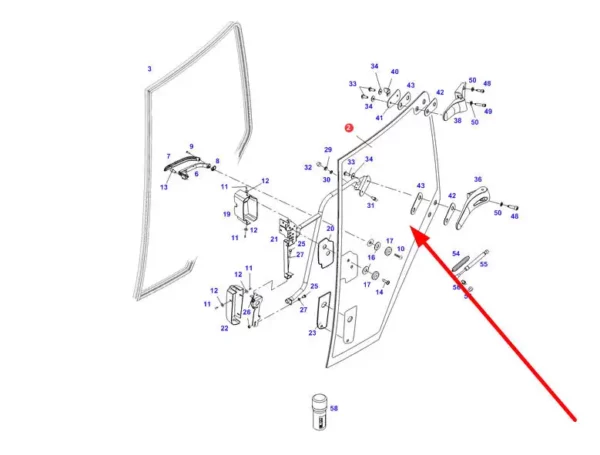 Oryginalna szyba drzwi lewych o numerze katalogowym 931812033040, stosowana w ciągnikach rolniczych marki Fendt. schemat