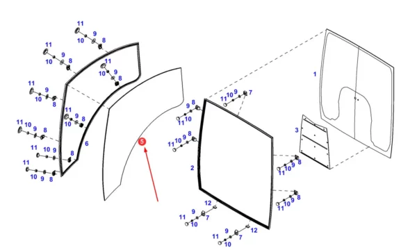 Oryginalna szyba drzwi prawa o numerze katalogowym 931812041050, stosowana w ciągnikach rolniczych marki Fendt.-schemat