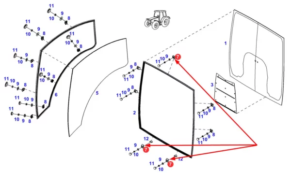 Oryginalne mocowanie przedniej szyby o numerze katalogowym 931812041211, stosowane w ciągnikach rolniczych marki Fendt schemat