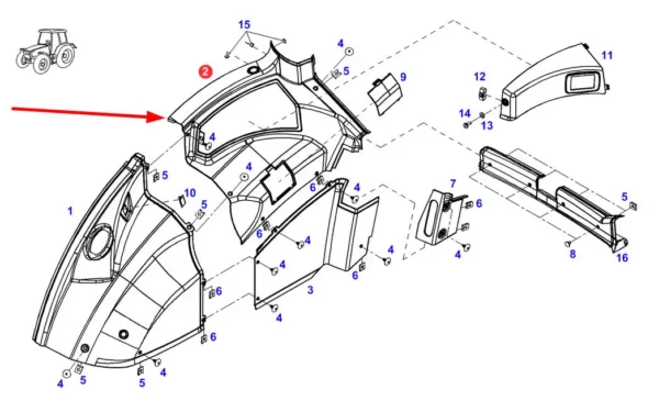 Oryginalna osłona wewnętrzna błotnika o numerze katalogowym 931812070210, stosowana w ciągnikach rolniczych marki Fendt schemat