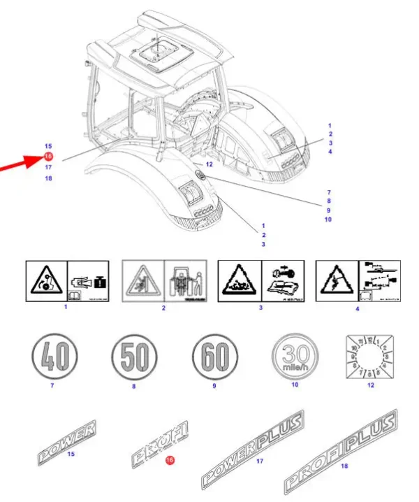 Oryginalny emblemat "PROFI" o numerze katalogowym 931812090030, stosowany w ciągnikach rolniczych marki Fendt oraz Challenger- schemat.