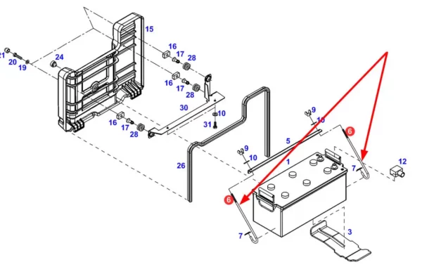 Oryginalny uchwyt mocowania akumulatora stosowany w ciągnikach rolniczych marki Fendt schemat.