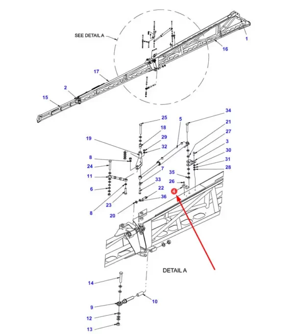 Oryginalny blok z tworzywa sztucznego o wymiarach 40 x 95 mm i numerze katalogowym AG614966, stosowany opryskiwaczach samojezdnych marek Fendt i Challenger.-schemat