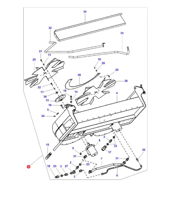 Oryginalny kompletny rozrzutnik plew o numerze katalogowym D28086796, stosowany w kombajnach zbożowych marek Challenger, Fendt, Massey Ferguson schemat.