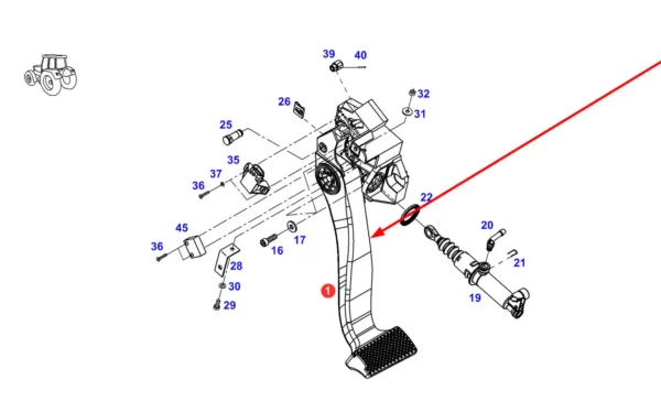 Oryginalny pedał sprzęgła o numerze katalogowym E718100100030, stosowany w ciągnikach rolniczych marki Fendt. schemat