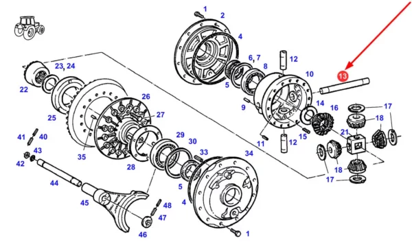 Oryginalny sworzeń mechanizmu różnicowego o numerze katalogowym F180100010201, stosowany w ciągnikach rolniczych marki Fendt schemat.