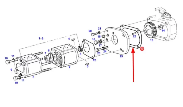 Oryginalna uszczelka przedniej obudowy pompy hydraulicznej stosowana w ciągnikach rolniczych marki Fendt schemat