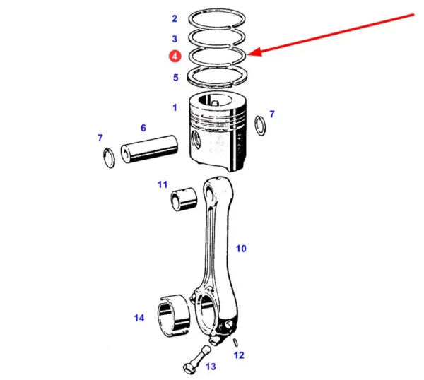 Oryginalny pierścień tłokowy, stosowany w ciągnikach rolniczych marki Fendt schemat
