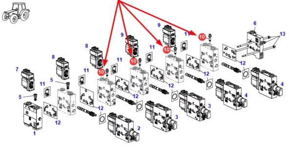Oryginalny zawór bezpieczeństwa bloku hydraulicznego o numerze katalogowym F260960022010, stosowany w ciągnikach rolniczych marki Fendt. schemat
