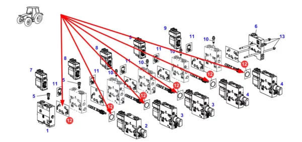 Oryginalny zestaw uszczelnień bloku hydraulicznego o numerze katalogowym F260960022090, stosowany w maszynach rolniczych marki Fendt schemat