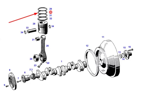 Oryginalny pierścień tłokowy, stosowany w ciągnikach rolniczych marki Fendt schemat