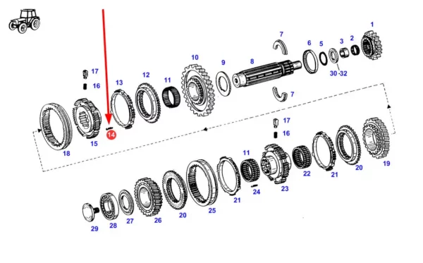 Oryginalna sprężyna napinająca pierścień synchronizatora o numerze katalogowym F284108080090, stosowana w ciągnikach marki Fendt schemat