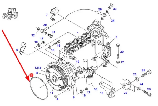 Oryginalny pierścień oring pompy wtryskowej o numerze katalogowym F291200210151, stosowany w ciągnikach marki Fendt schemat.