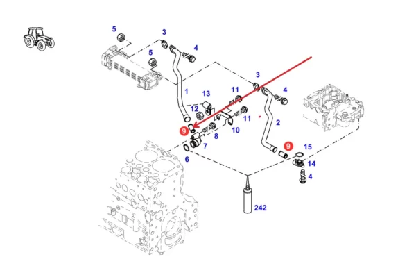 Oryginalny przewód gumowy układu chłodzenia o numerze katalogowym F339202050070, stosowany w ciągnikach rolniczych marki Fendt. schemat