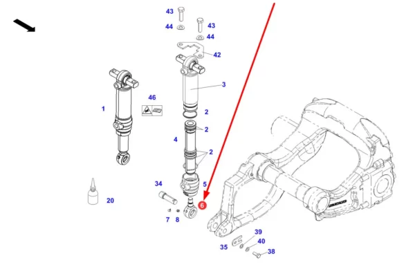 Oryginalne cięgło amortyzatora przedniej osi o numerze katalogowym F339302052030, stosowane w ciągnikach rolniczych marki Fendt schemat.