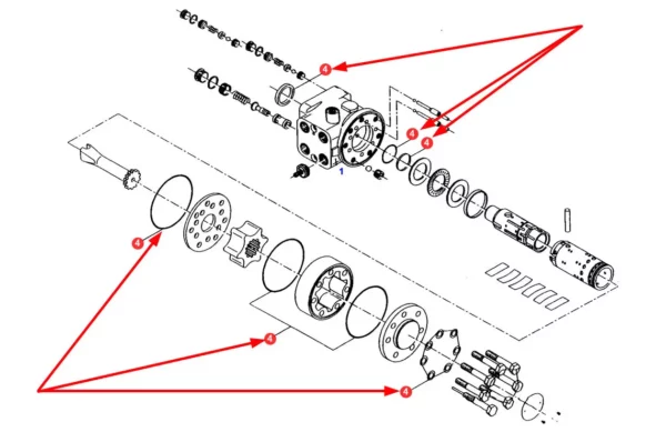 Oryginalny komplet uszczelek orbitrola o numerze katalogowym F360400090010, stosowany w ciągnikach rolniczych marek Challenger, Massey Ferguson oraz Fendt schemat