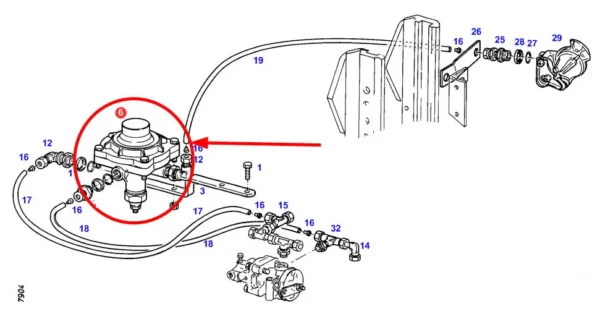 Oryginalny zawór jednoobwodowego układu hamulcowego o numerze katalogowym F385880020060, stosowany w ciągnikach rolniczych marek Fendt, Massey Ferguson i Challenger. schemat