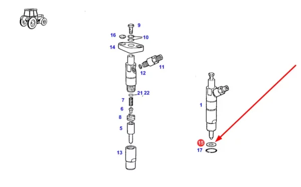 Oryginalna uszczelka wtryskiwacza o numerze katalogowym F390200710080, stosowana w ciagnikach rolniczych i kombajnach zbożowych marek Fendt i Massey Ferguson. schemat