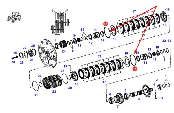 Oryginalny pierścień skrzyni biegów o numerze katalogowym F514100360130, stosowany w ciągnikach rolniczych marki Fendt. schemat