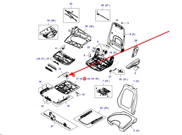 Oryginalna dźwignia siedzenia o numerze katalogowym F716501030090, stosowana w pojazdach rolniczych marek Massey Ferguson, Fendt, Valtra, Challenger i Laverda. schemat