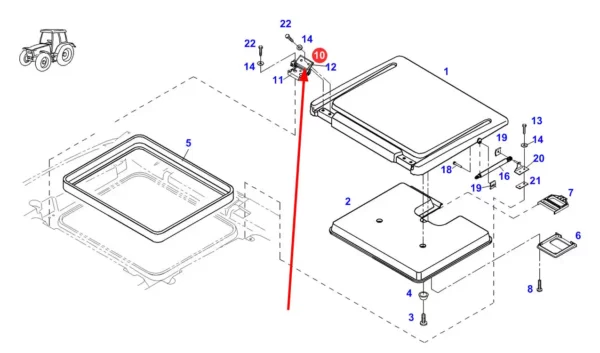Oryginalny zawias szyberdachu o numerze katalogowym F716810021030, stosowany w ciągnikach rolniczych marki Fendt. schemat