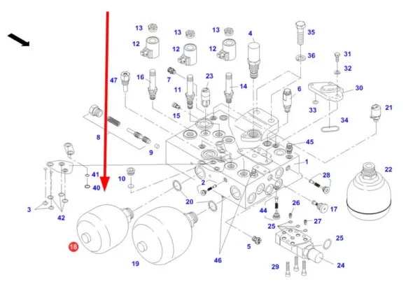 Oryginalny akumulator hydrauliczny o numerze katalogowym F716961020190, stosowany w ciągnikach rolniczych marki Fendt schemat