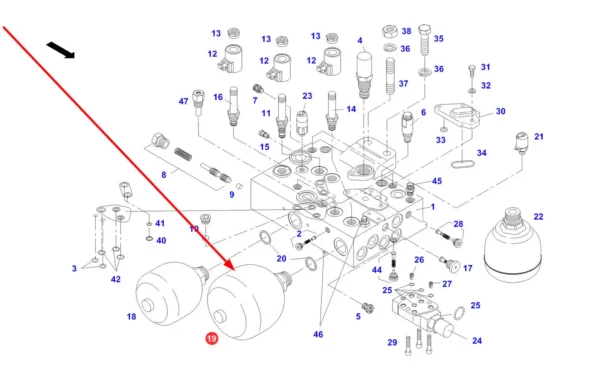 Oryginalny akumulator hydrauliczny o pojemności 1,4 l i numerze katalogowym F716961020200, stosowany w ciągnikach rolniczych marki Fendt schemat.