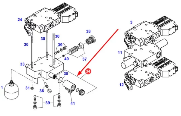 Oryginalny elektrozawór, układu hydraulicznego, stosowany w ciągnikach marki Fendt schemat.