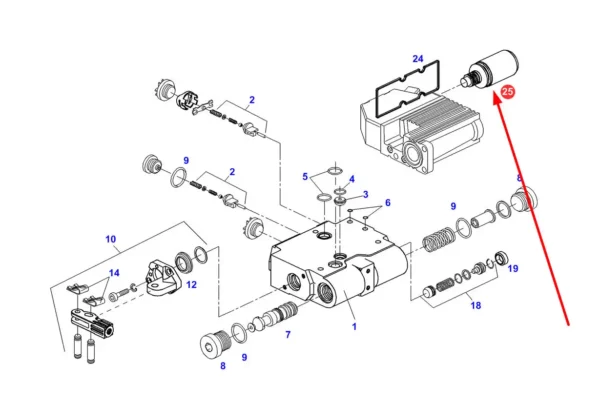 Oryginalna cewka zaworu hydraulicznego o numerze katalogowym F716961022010, stosowana w ciągnikach rolniczych marki Fendt. schemat