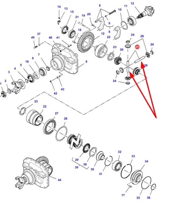 Oryginalny sworzeń mechanizmu różnicowego, przedniej osi o numerze katalogowym F718301020140, stosowany w ciągnikach rolniczych marki Challenger, Massey Ferguson, Valtra oraz Fendt schemat.