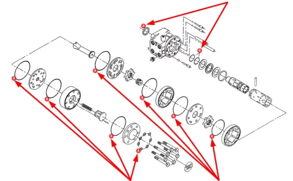 Oryginalny zestaw uszczelek orbitrolu układu kierowniczego o numerze katalogowym F718400090010, stosowany w ciągnikach rolniczych marek Fendt, Massey Ferguson, Challenger, Valtra schemat.