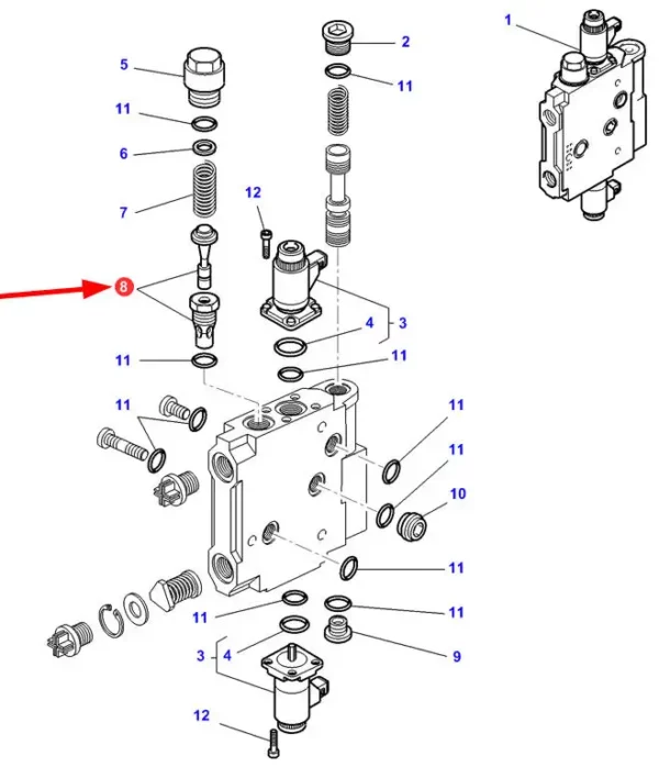 Oryginalny zawór hydrauliczny o numerze katalogowym F718960030030, stosowany w ciągnikach rolniczych marek Massey Ferguson, Fendt oraz Challenger- schemat.