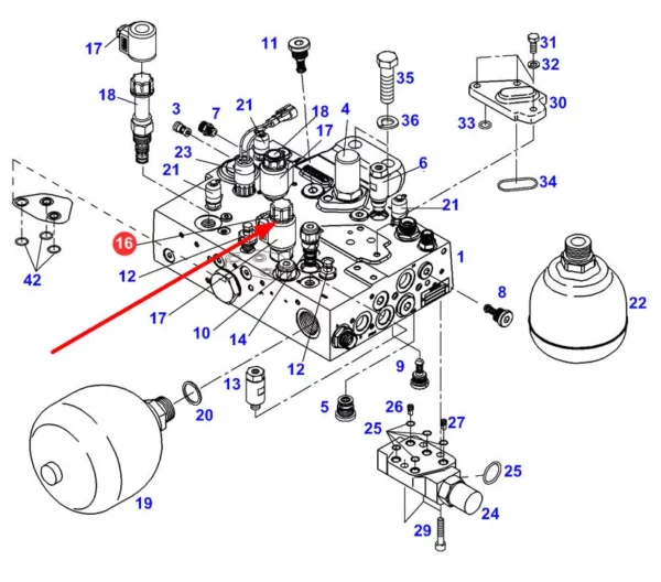 Oryginalny zawór hydrauliczny o numerze katalogowym F725960020040, stosowany w ciągnikach rolniczych marki Fendt schemat.