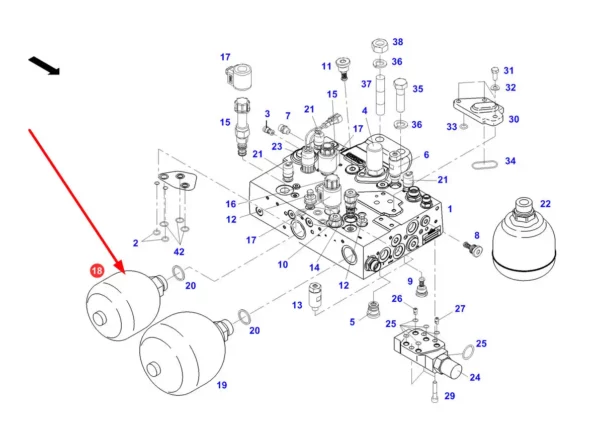 Oryginalny akumulator hydrauliczny o numerze katalogowym F725960020070, stosowany w ciągnikach rolniczych marki Fendt. schemat