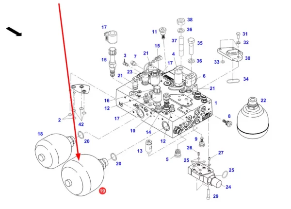 Oryginalny akumulator hydrauliczny o pojemności 1,4 l i numerze katalogowym F725960020090, stosowany w ciągnikach rolniczych marki Fendt. schemat