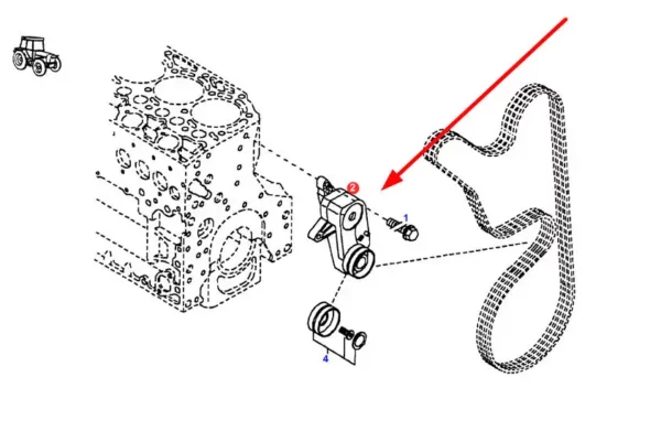 Oryginalny, kompletny napinacz paska wieloklinowego osprzętu silnika o numerze katalogowym F731200040110, stosowany w ciągnikach rolniczych marki Fendt schemat