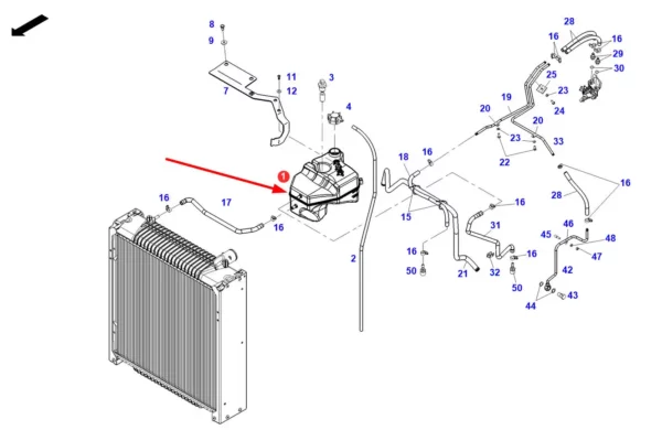 Oryginalny zbiornik wyrównawczy układu chłodzenia silnika o numerze katalogowym F737200052010, stosowany w ciągnikach rolniczych marki Fendt schemat