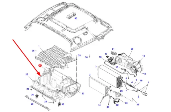 Oryginalna obudowa nagrzewnicy o numerze katalogowym F737812145290, stosowana w ciągnikach rolniczych marki Fendt schemat