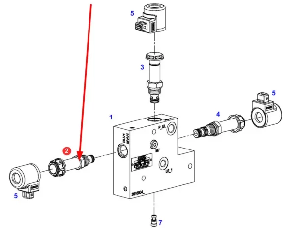 Oryginlany zawór regulacyjny o numerze katalogowym F737960020010, stosowany w ciągnikach marki Fendt schemat