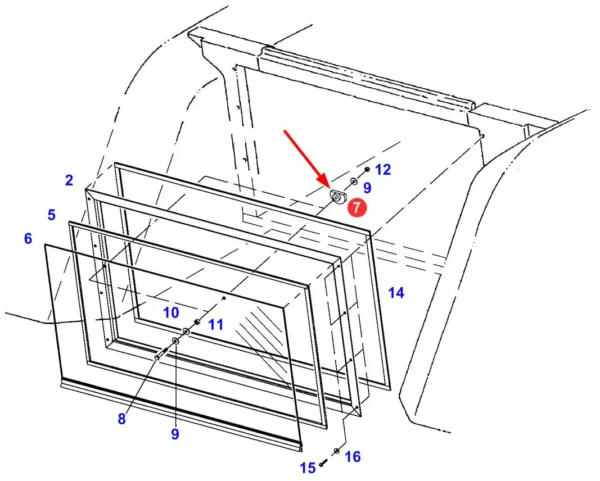 Oryginalne mocowanie tylnej szyby, stosowane w ciągnikach rolniczych marki Fendt.