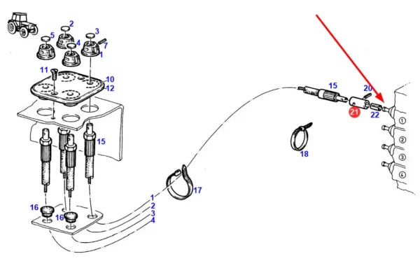 Oryginalny łącznik linki regulatora o numerze katalogowym F816960020030, stosowany w ciągnikach rolniczych marki Fendt schemat