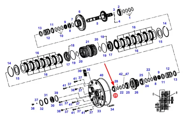 Oryginalne łożysko stożkowe skrzyni biegów 32007 X/Q o numerze katalogowym F824100360370, stosowane w ciągnikach rolniczych marki Fendt schemat.