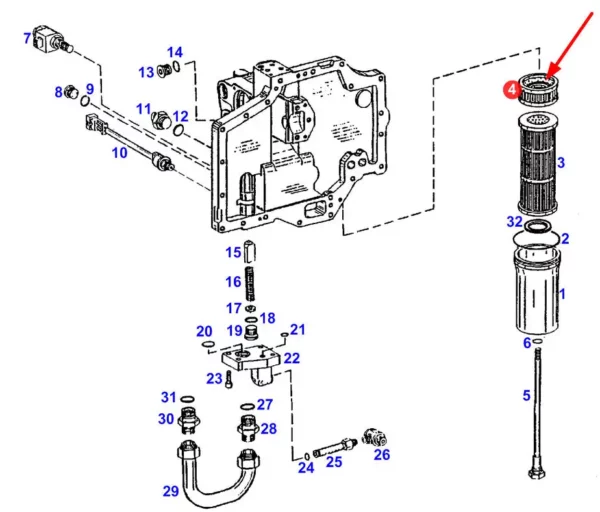 Oryginalny filtr oleju hydrauliki o numerze katalogowym F824100470250, stosowany w ciągnikach rolniczych marki Fendt schemat.