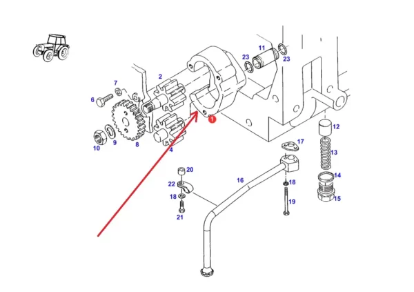 Oryginalna obudowa pompy opleju o numerze katalogowym F824200310090, stosowana w ciągnikach rolniczych marki Fendt. schemat
