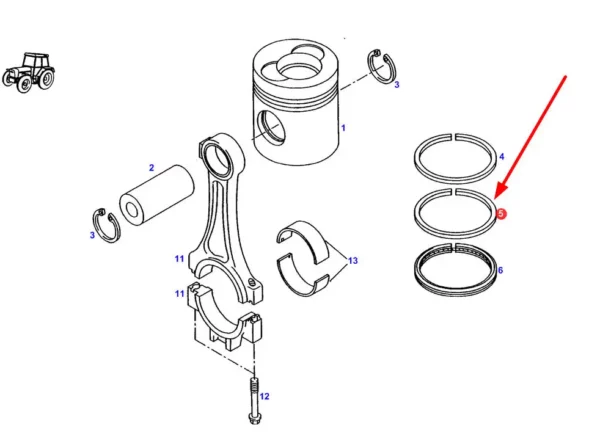 Oryginalny pierścień tłokowy o numerze katalogowym F824200310330, stosowany w ciągnikach rolniczych marki Fendt. schemat