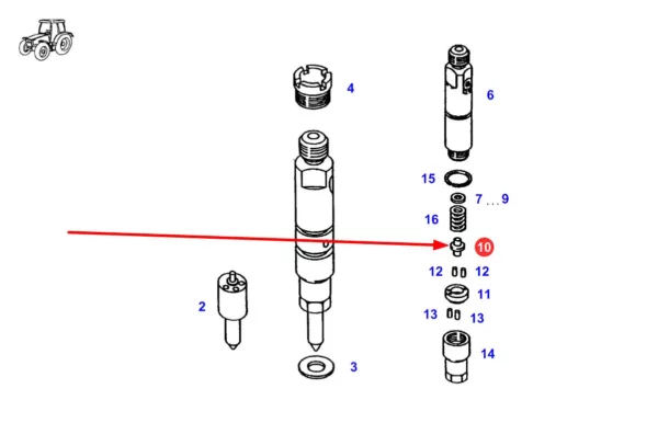 Oryginalny zaworek wtryskiwacza o numerze katalogowym F824200710070, stosowany w ciągnikach rolniczych marki Fendt. schemat